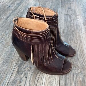 Bed Stu Onset Olivia Peep Toe Fringe Booties Brown Leather  Size 10